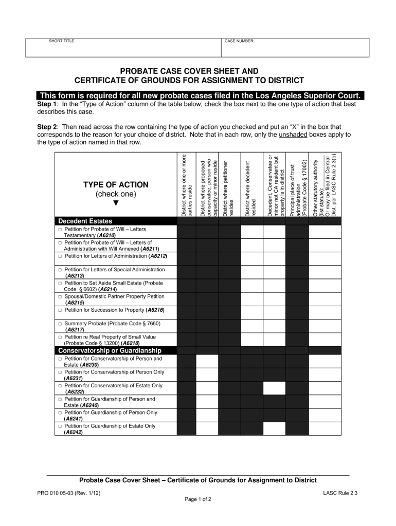 Pro010 Probate Case Cover Sheet California 2012 Form Fill Out Sign 