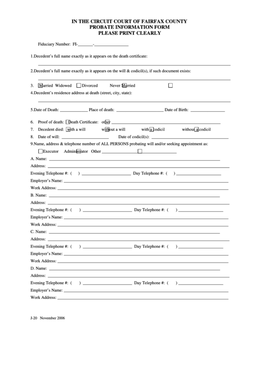 Probate Information Form Ccr J 20 Printable Pdf Download