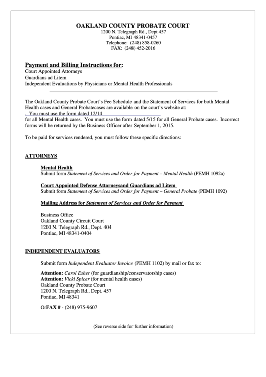 Probate Payment Billing Instructions Oakland County Printable Pdf 