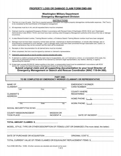 PROPERTY LOSS OR DAMAGE CLAIM FORM EMD 086 