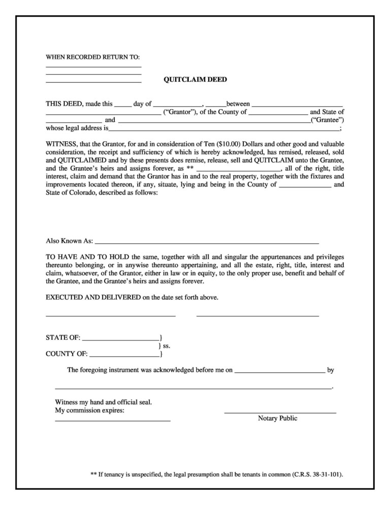 Quit Claim Deed Fillable Form Printable Forms Free Online - CountyForms.com