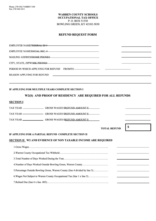 Refund Request Form Kentucky Occupational Tax Office Printable Pdf