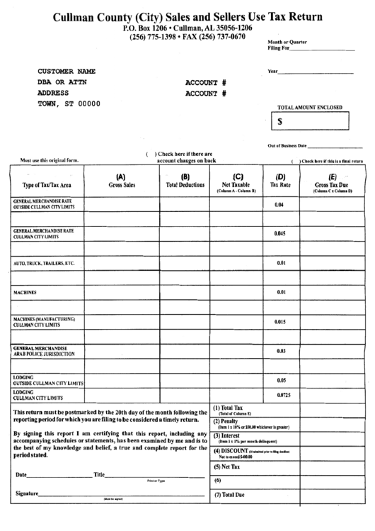 Sales And Sellers Use Tax Return Form Cullman County Printable Pdf 