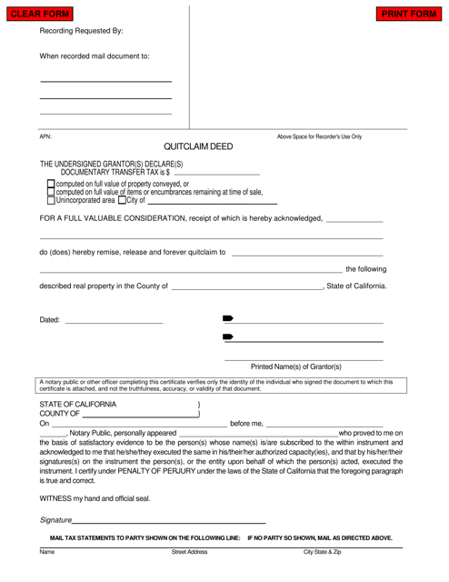 San Diego County California Quitclaim Deed Form Download Fillable PDF 