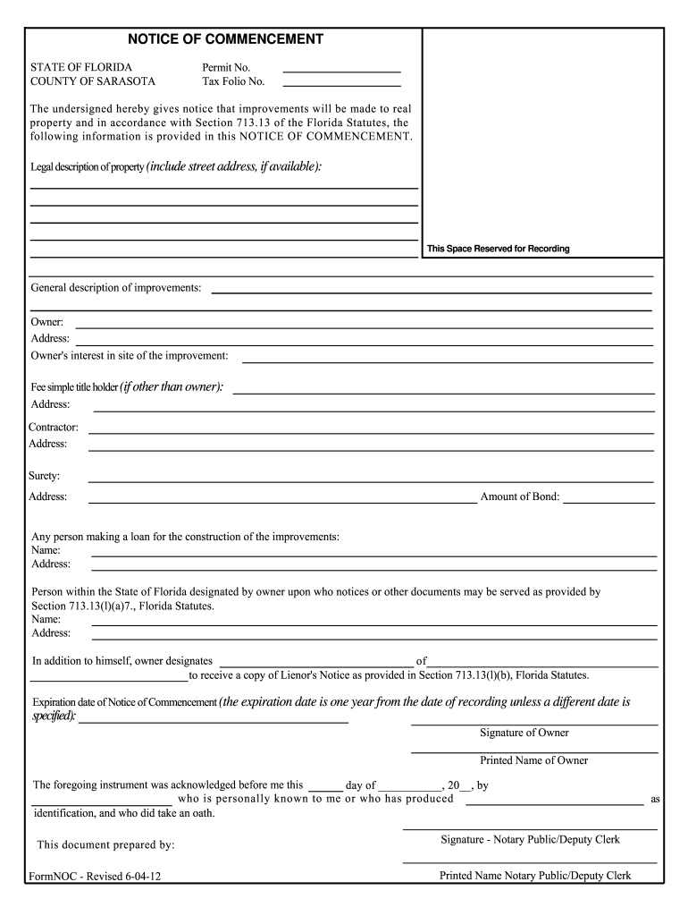 Sarasota County Noc Pdf Fill Online Printable Fillable Blank 