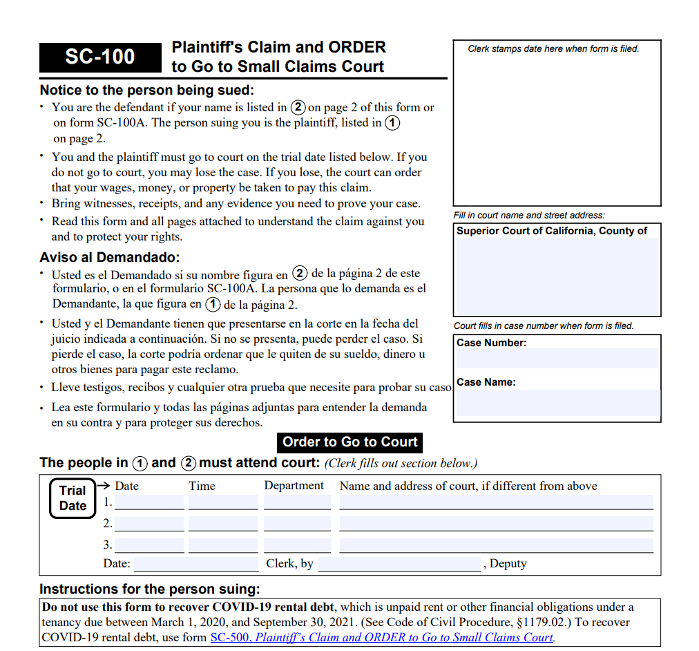 SC 100 Plaintiff s Claim And ORDER To Go To Small Claims Court Forms 