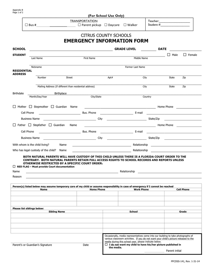 School Emergency Contact Form In Word And Pdf Formats