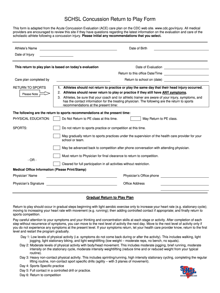 SCHSL Concussion Return To Play Form Fill And Sign Printable Template 