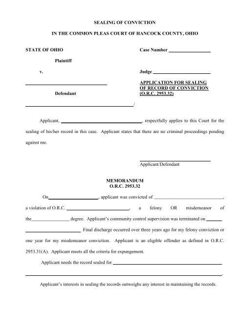 Sealing Of Conviction Hancock County Common Pleas Court CountyForms