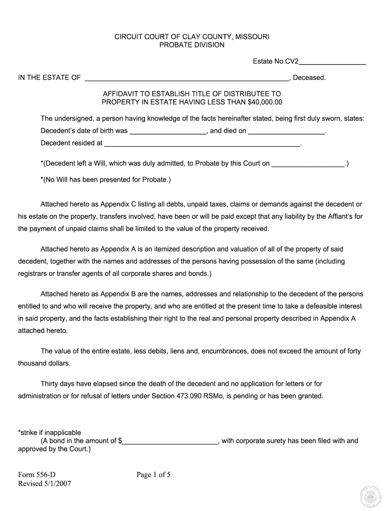 Small Estate Affidavit Missouri Probate Information Fill Out Sign 