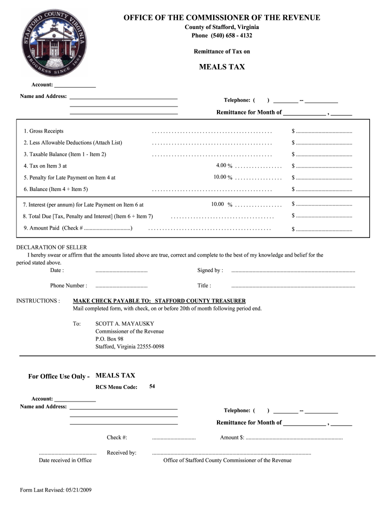 Stafford County Meals Tax Fill Out And Sign Printable PDF Template