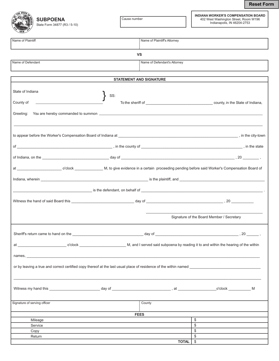 State Form 34877 Download Fillable PDF Or Fill Online Subpoena Indiana 