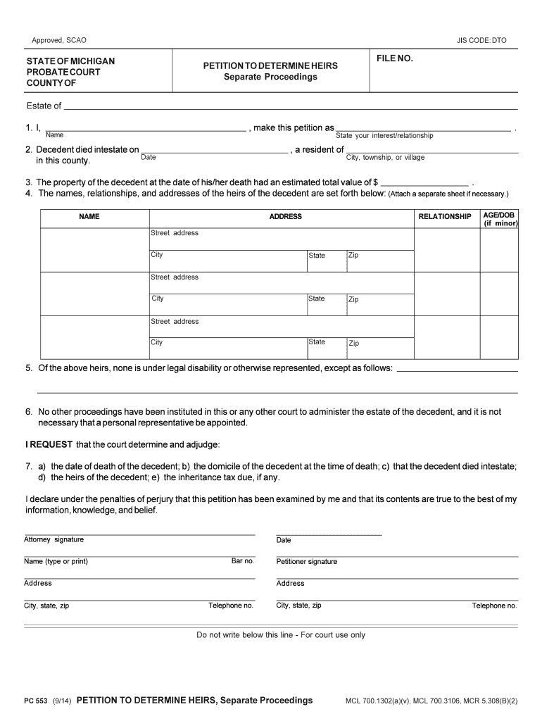 STATE Of MICHIGAN PROBATE COURT COUNTY Of PC Form Fill Out And Sign 