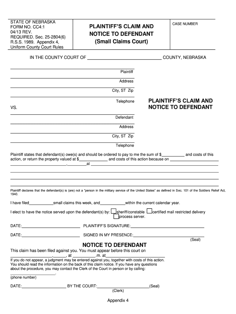 STATE OF NEBRASKA FORM NO CC4 1 PLAINTIFF S CLAIM AND