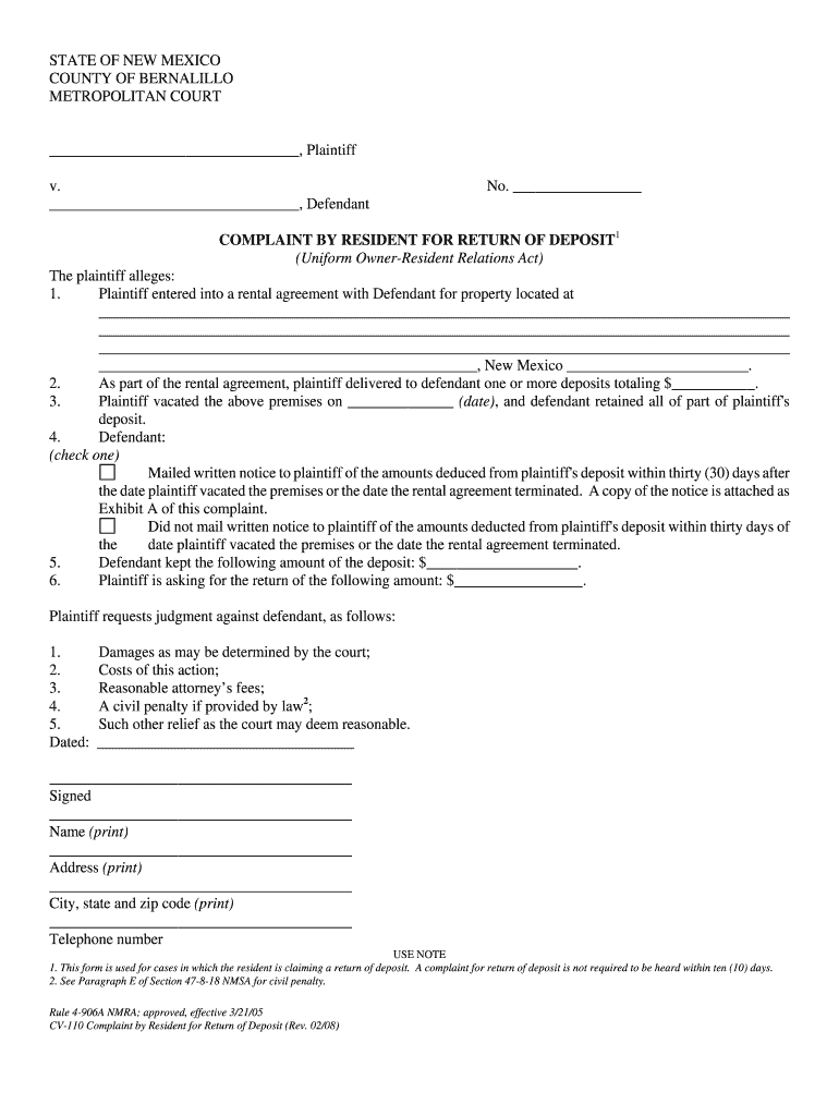 STATE Of NEW MEXICO COUNTY Of BERNALILLO In NM Courts Form Fill Out 