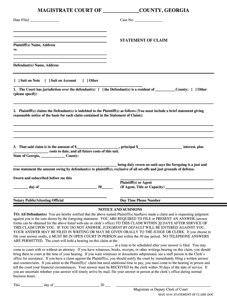 Statement Of Claim Form Georgia Fill Out Sign Online DocHub