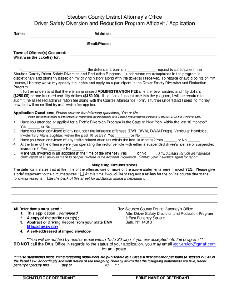 Steuben County Traffic Diversion Program Form Fill Out And Sign 