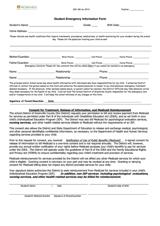 Student Emergency Information Form The School District Of Greenville