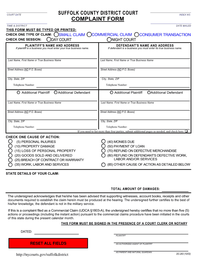 Suffolk County Small Claims Complaint Form Fill Out Sign Online DocHub