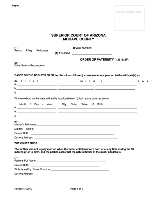 Superior Court Of Arizona Mohave County Order Of Paternity Printable 