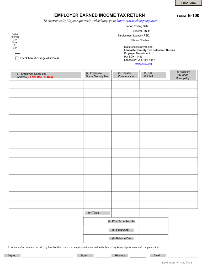 Tax Form E100 Fill Online Printable Fillable Blank PdfFiller