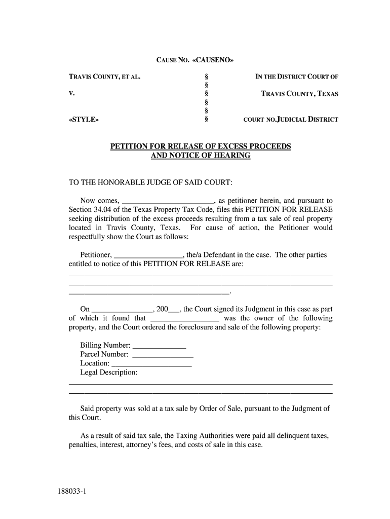 Texas Petition For Release Of Excess Proceeds And Notice Of Hearing 