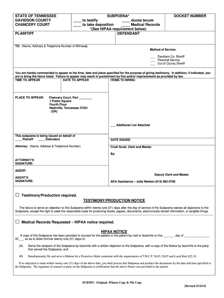 Tn Subpoena Fill Out Sign Online DocHub