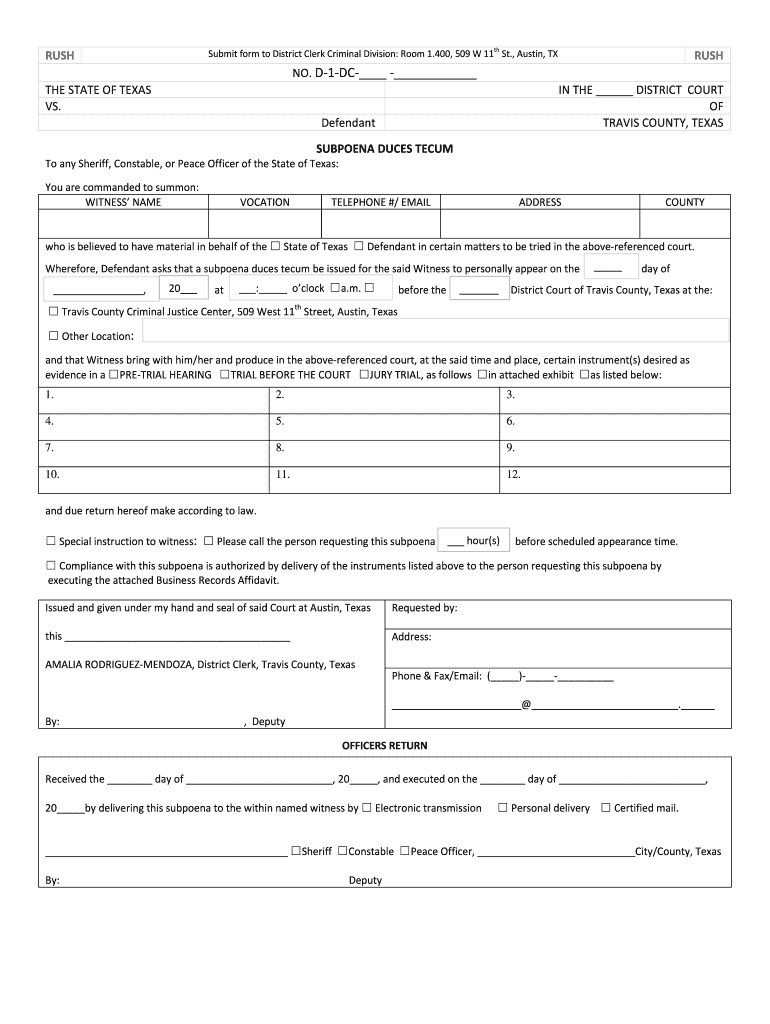 Travis County Grand Jury Subpeona Fill Online Printable Fillable 