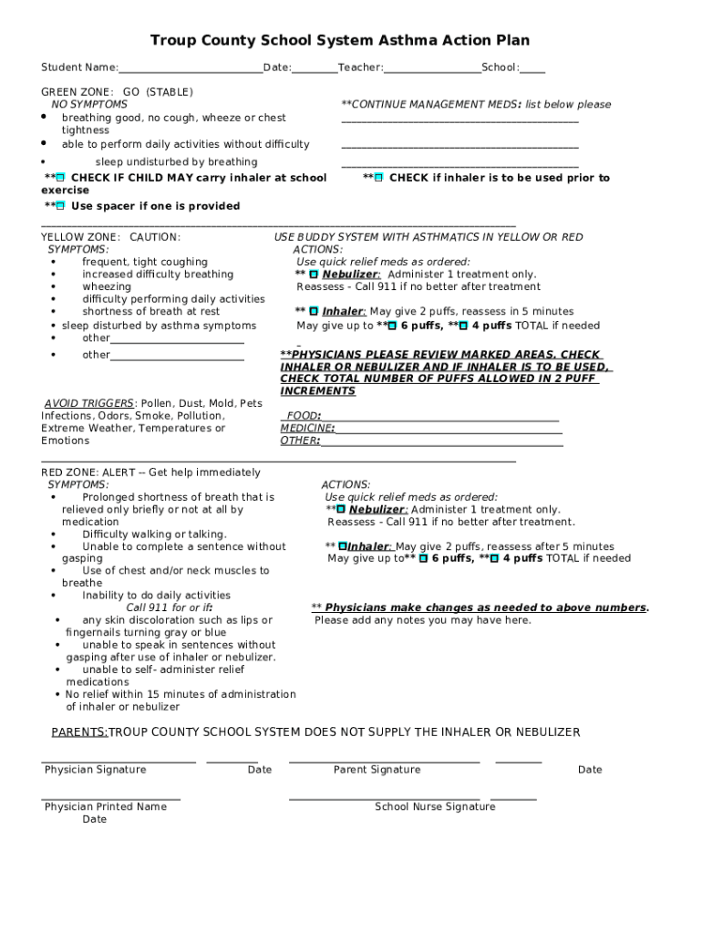 Troup County School System Asthma Action Plan Doc Template PdfFiller