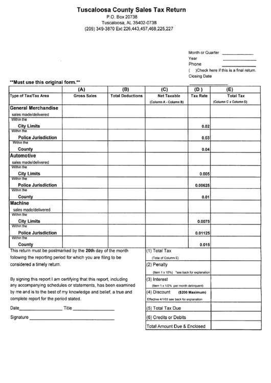 Tuscaloosa Country Sales Tax Return Printable Pdf Download