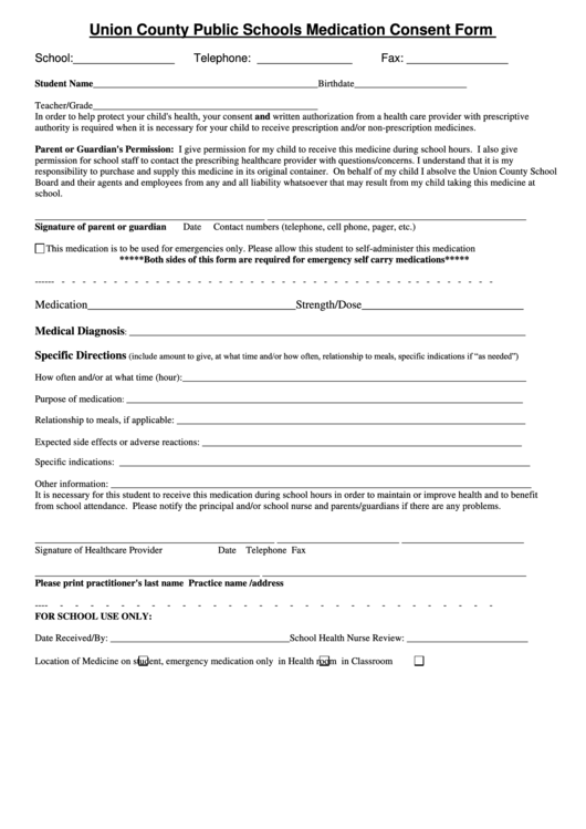 Union County Public Schools Medication Consent Form 2022 Printable 