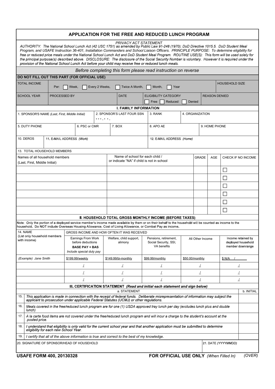 USAFE Form 400 Download Fillable PDF Or Fill Online Application For The 