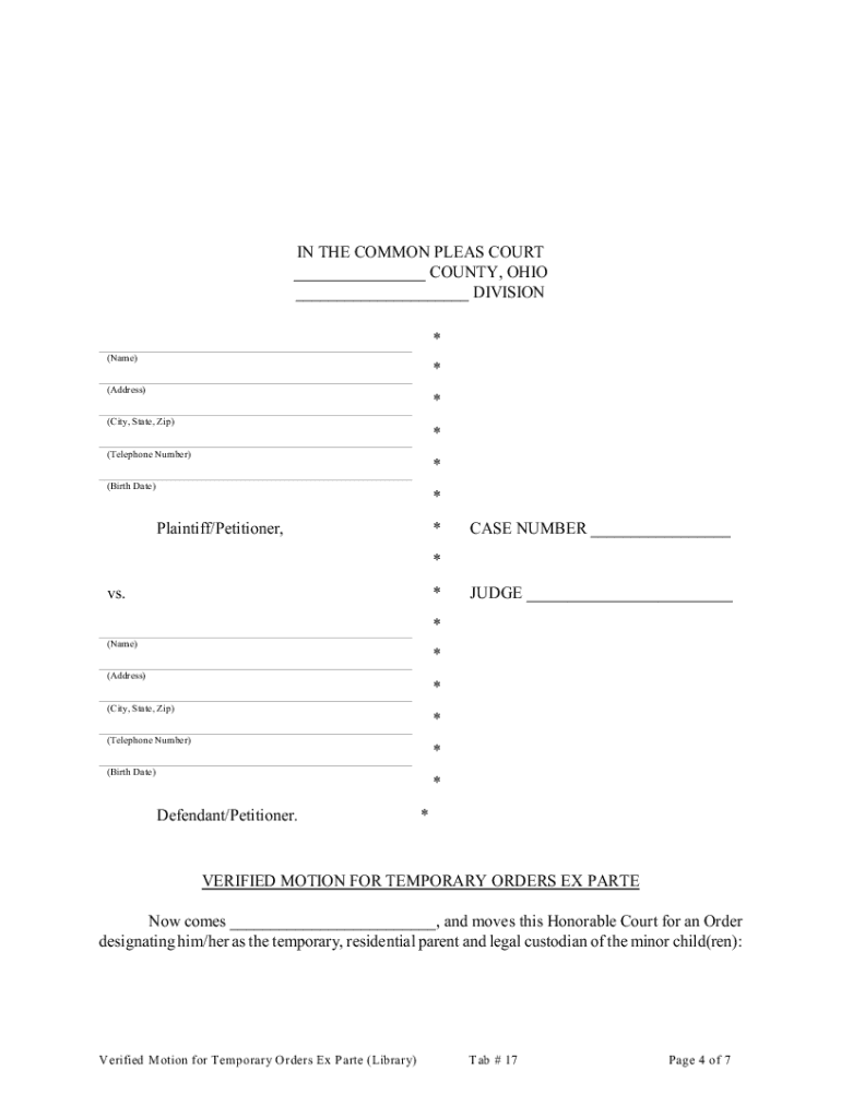 Verified Motion For Temporary Orders Ex Parte Ohio Fill Out Sign