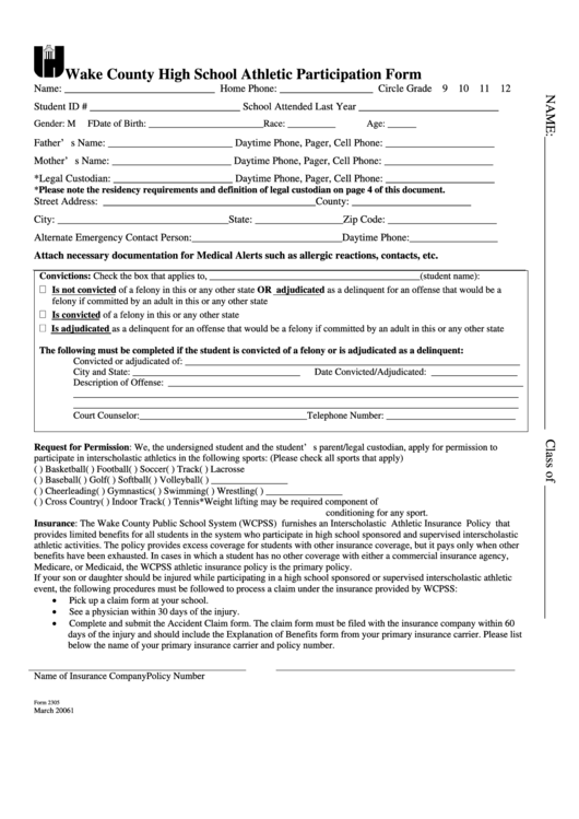 Wake County High School Athletic Participation Form Printable Pdf Download