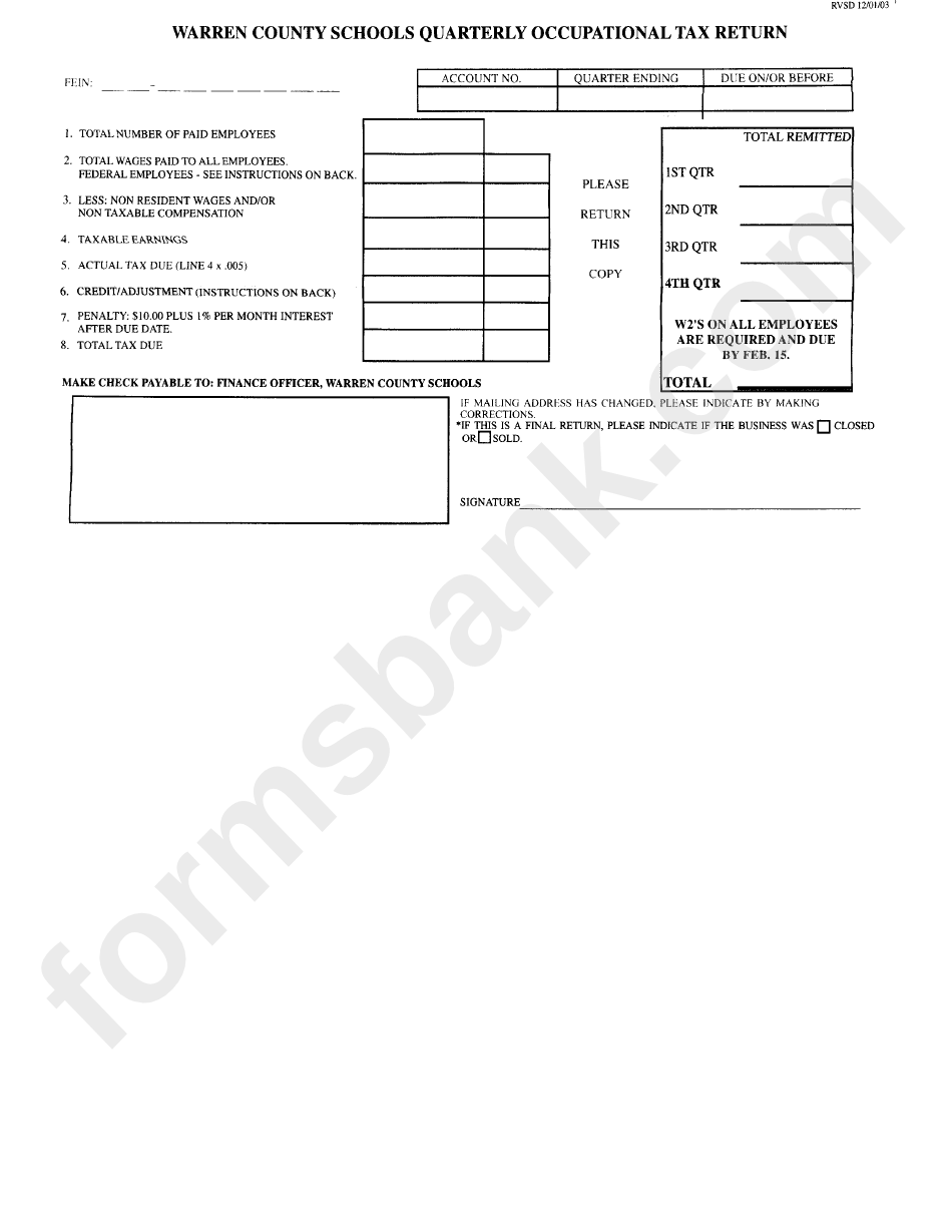 Warren Country Schools Quarterly Occupational Tax Return Printable Pdf 