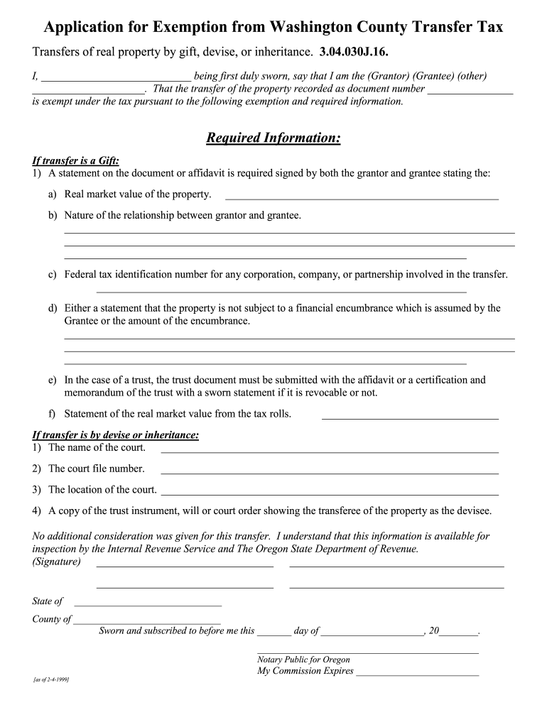 Washington County Oregon Transfer Tax Exemption Form Fill Out Sign