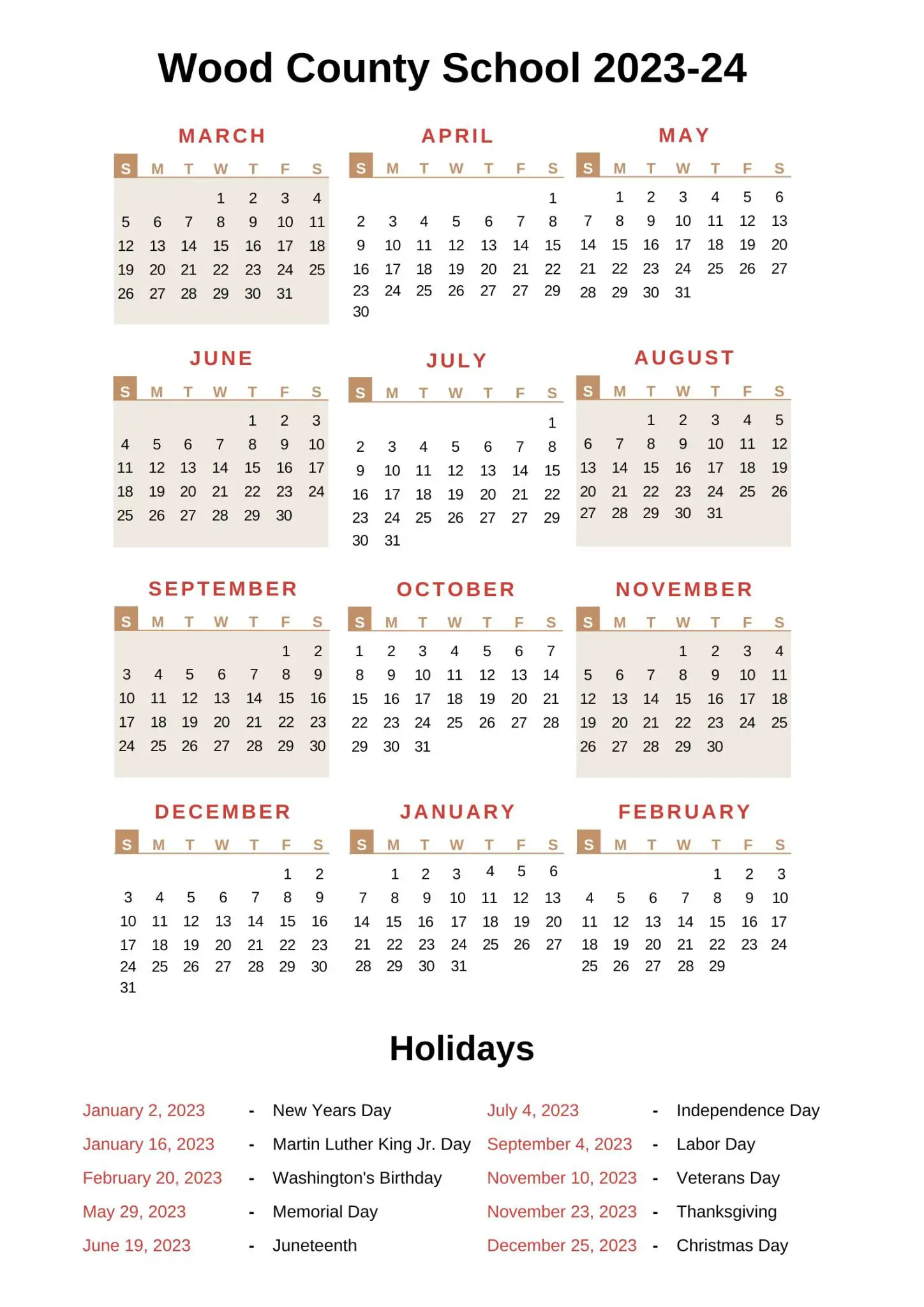 Wood County Schools Calendar 2023 24 With Holidays