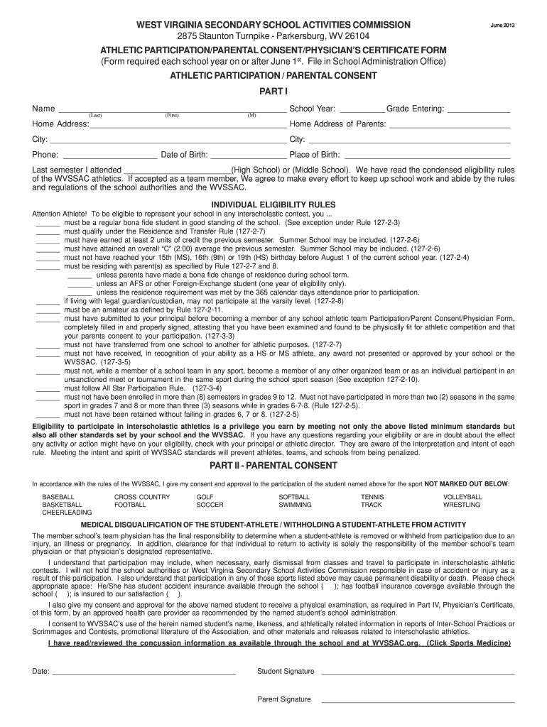 Wvssac Physical Form Fill Out Sign Online DocHub